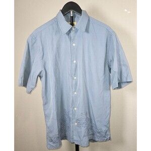 Pusser's West Indies Silk Cotton Camp Shirt Mens Medium Blue Floral Embroidered‎